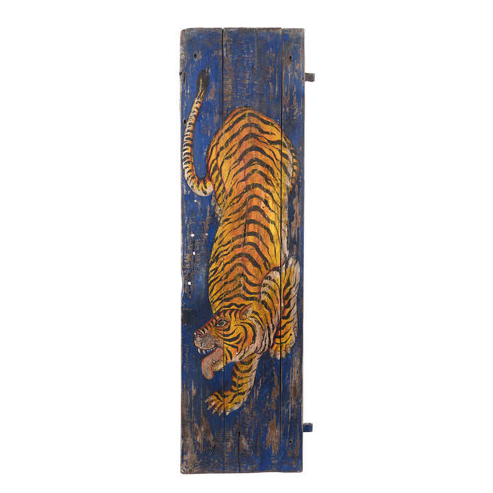 Vintage Indian Blue Painted Tiger Panel | Indigo Antiques