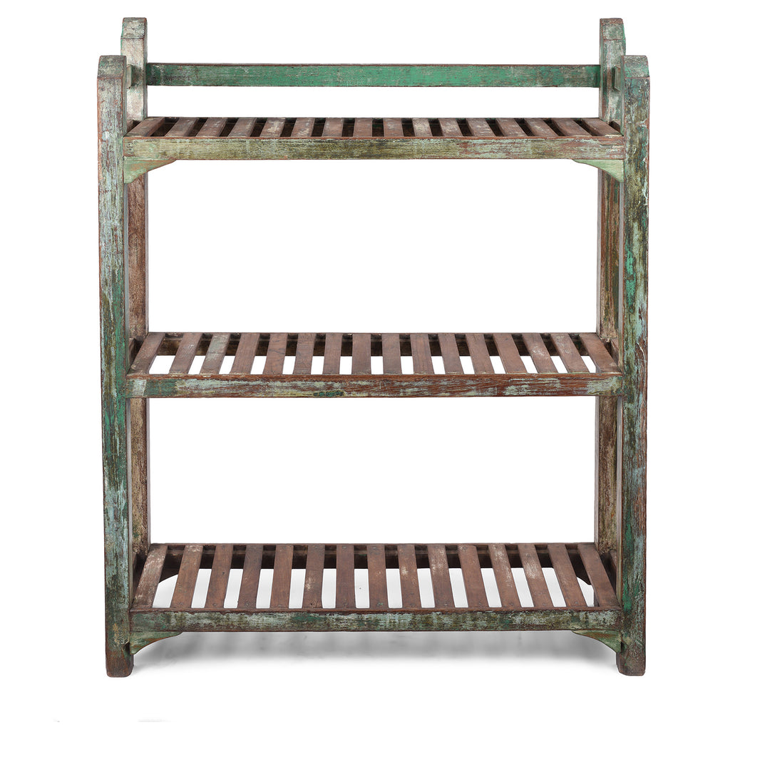 Vintage Indian Green Painted Slatted Teak Shelf