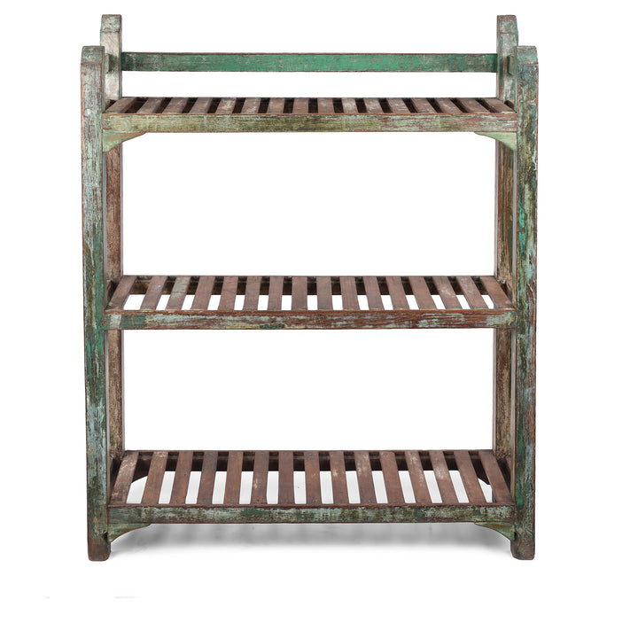 Vintage Indian Green Painted Slatted Teak Shelf
