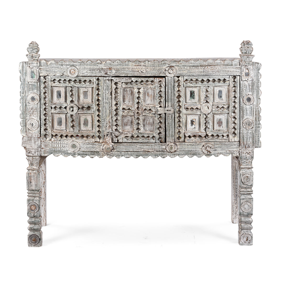 Antique Rubari Damchiya Dowry Chest from Kutch, India €“ Circa 1920, Hand-Carved Teak with Whitewashed Patina and Traditional Geometric Motifs