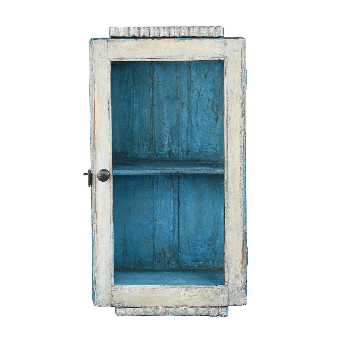 Vintage Blue Painted Teak Glazed Wall Cabinet | Indigo Antiques