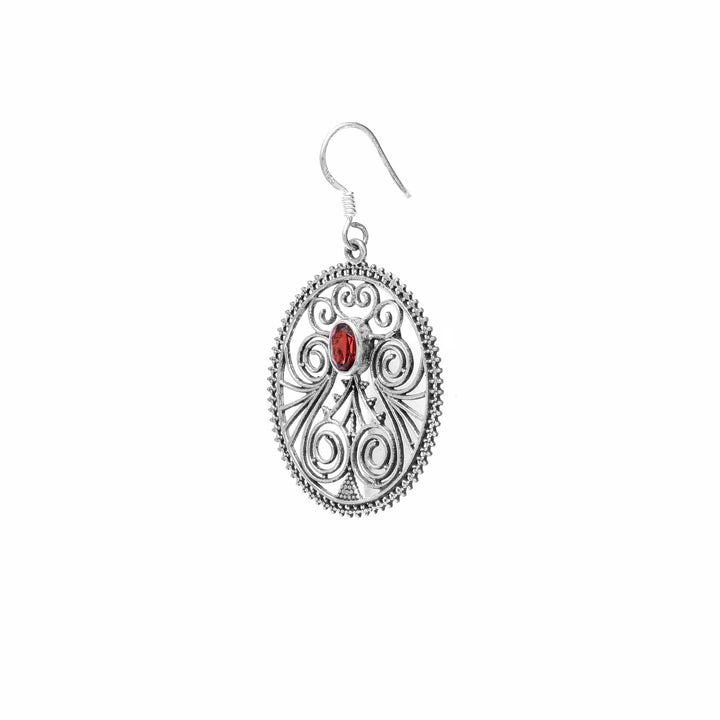Angled VIew Of Silver and Garnet Earrings - From Rajasthan | Indigo Antiques