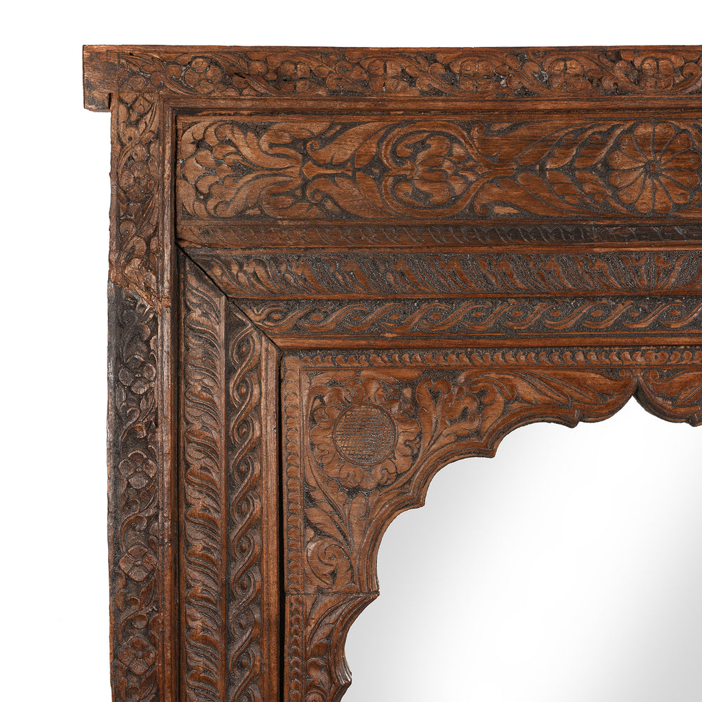Carved Teak Mihrab Detail on an antique Indian Mirror Made From An Old Teak Window Frame - 19thC | Indigo Antiques