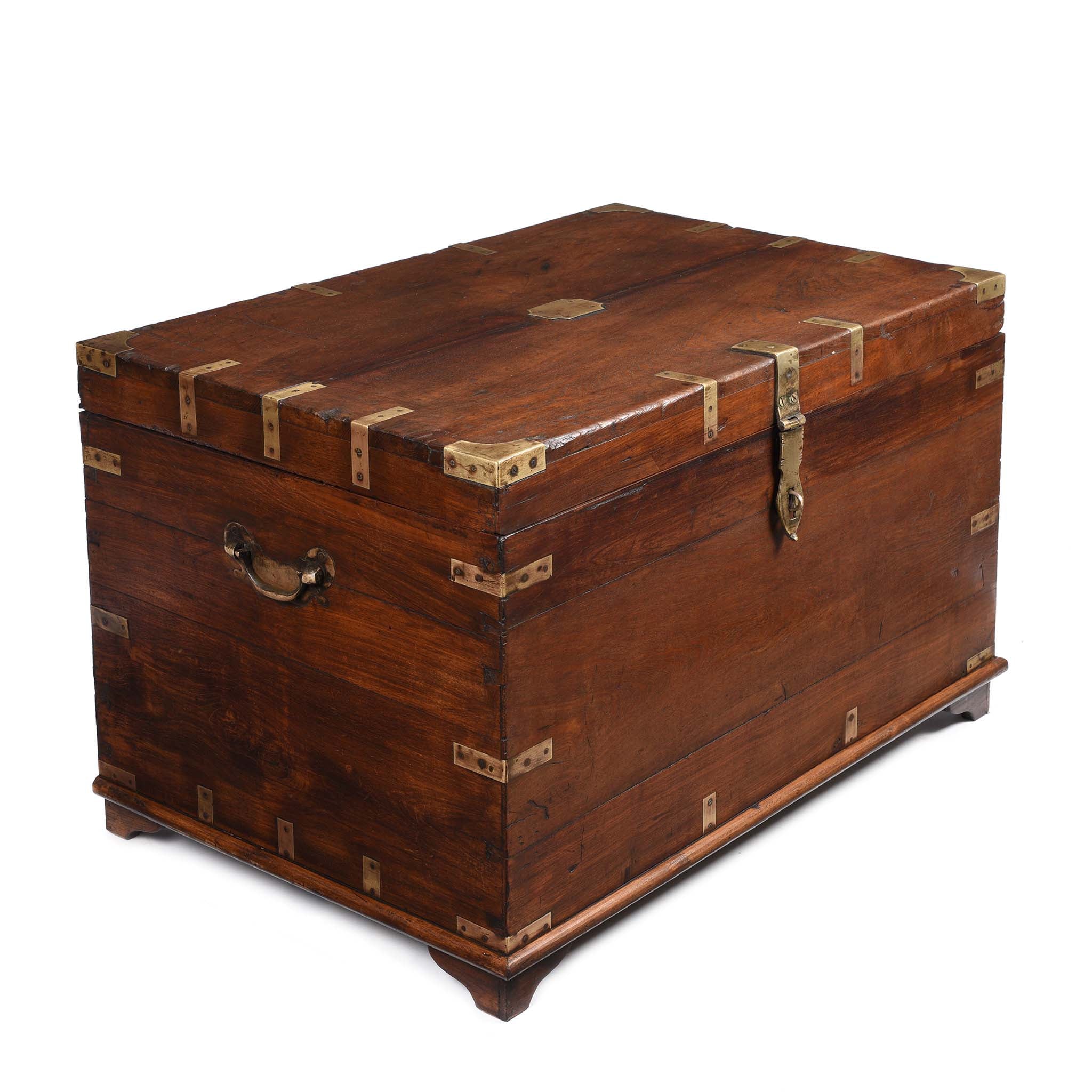 Corner VIew Of Brass Bound Teak Military Chest From Rajasthan  -19thC | Indigo Antiques