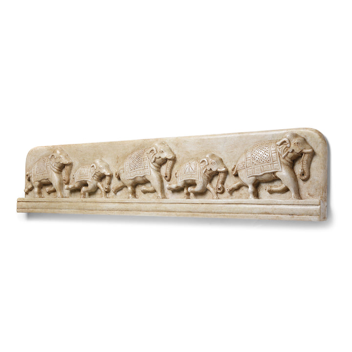 Angled View Of Hand Carved Mughal Style Marble Elephant Panel | Indigo Antiques