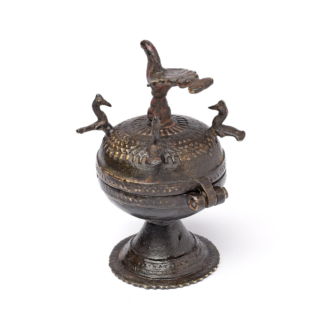 Angled View Of Antique Indian Sindoor Dani Brass Box From Kerala - Ca 19thC | Indigo Antiques