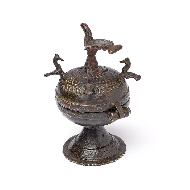 Angled View Of Antique Indian Sindoor Dani Brass Box From Kerala - Ca 19thC | Indigo Antiques
