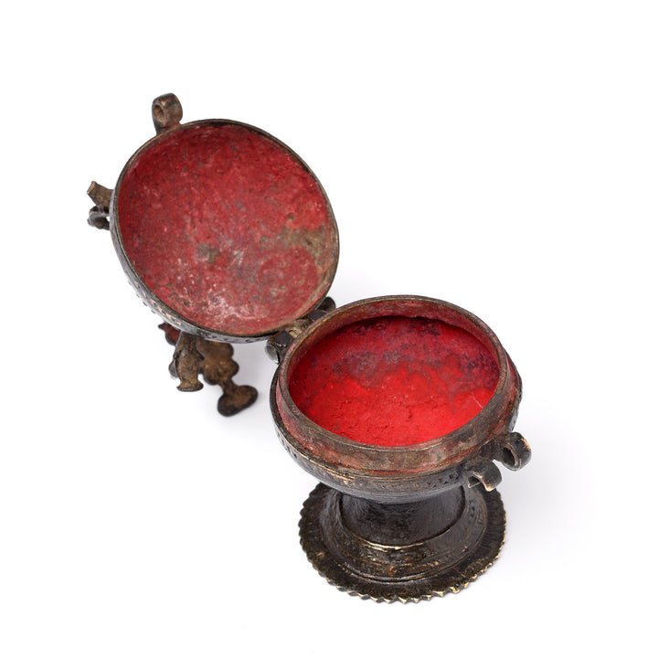 Vermillion Kumkum detail Of Antique Indian Sindoor Dani Brass Box From Kerala - Ca 19thC | Indigo Antiques