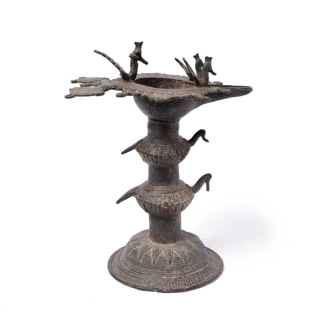 Brass Dhokra Work Oil Lamp From Orissa - 19thC | Indigo Antiques