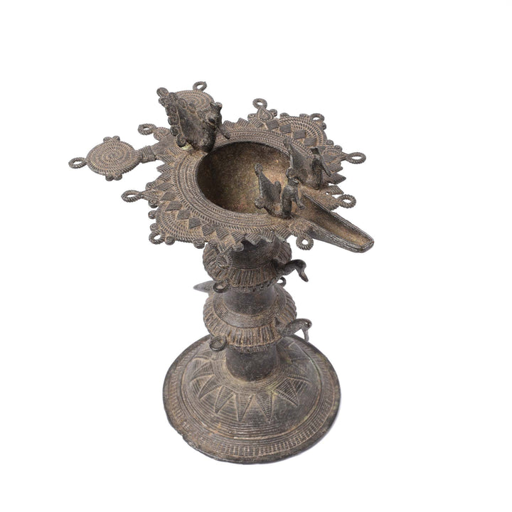 Top View Of Brass Dhokra Work Oil Lamp From Orissa - 19thC | Indigo Antiques