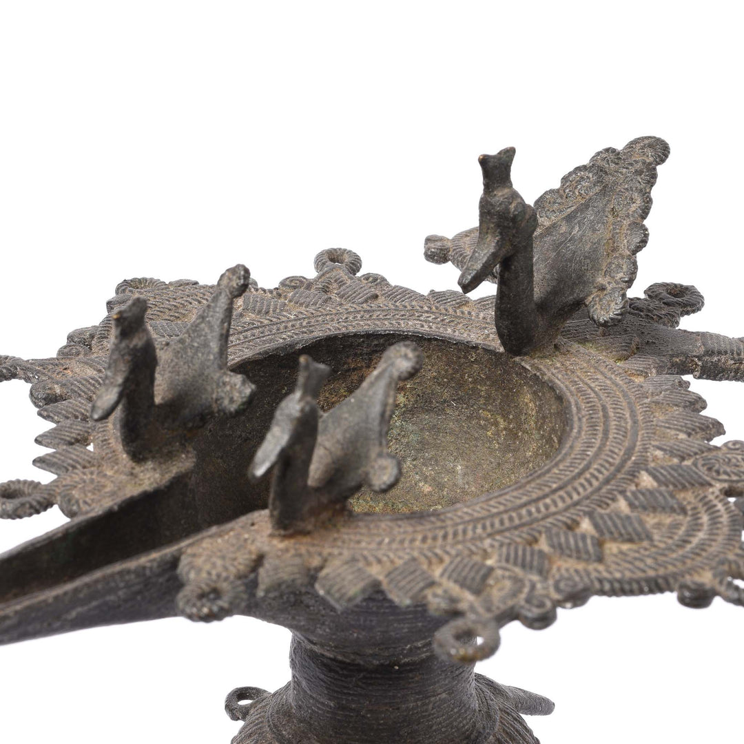 Peacock Detail From Brass Dhokra Work Oil Lamp From Orissa - 19thC | Indigo Antiques