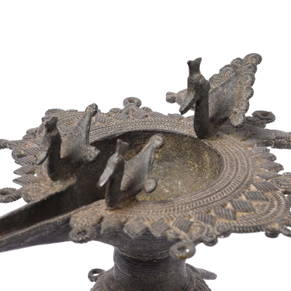 Brass Dhokra Work Oil Lamp From Chhattisgarh- 19thC