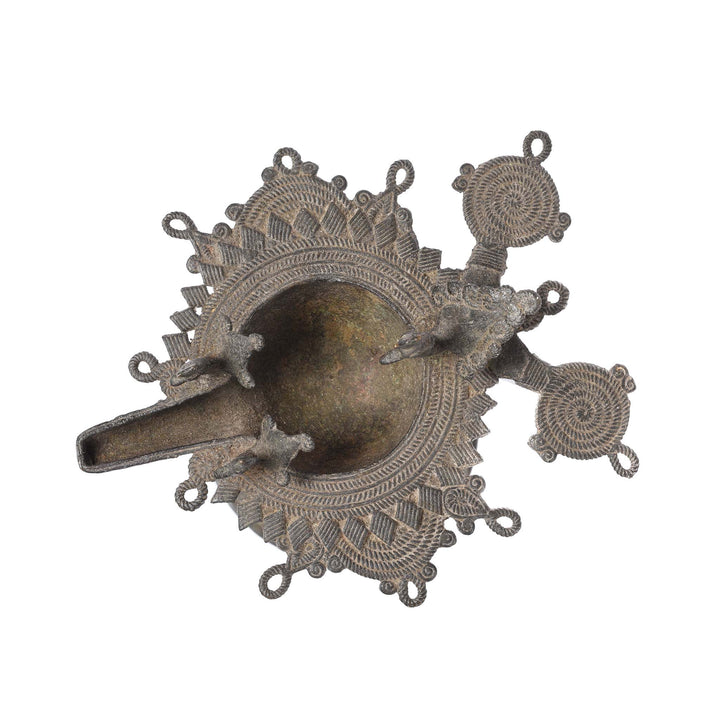 Top View Of Brass Dhokra Work Oil Lamp From Orissa - 19thC | Indigo Antiques