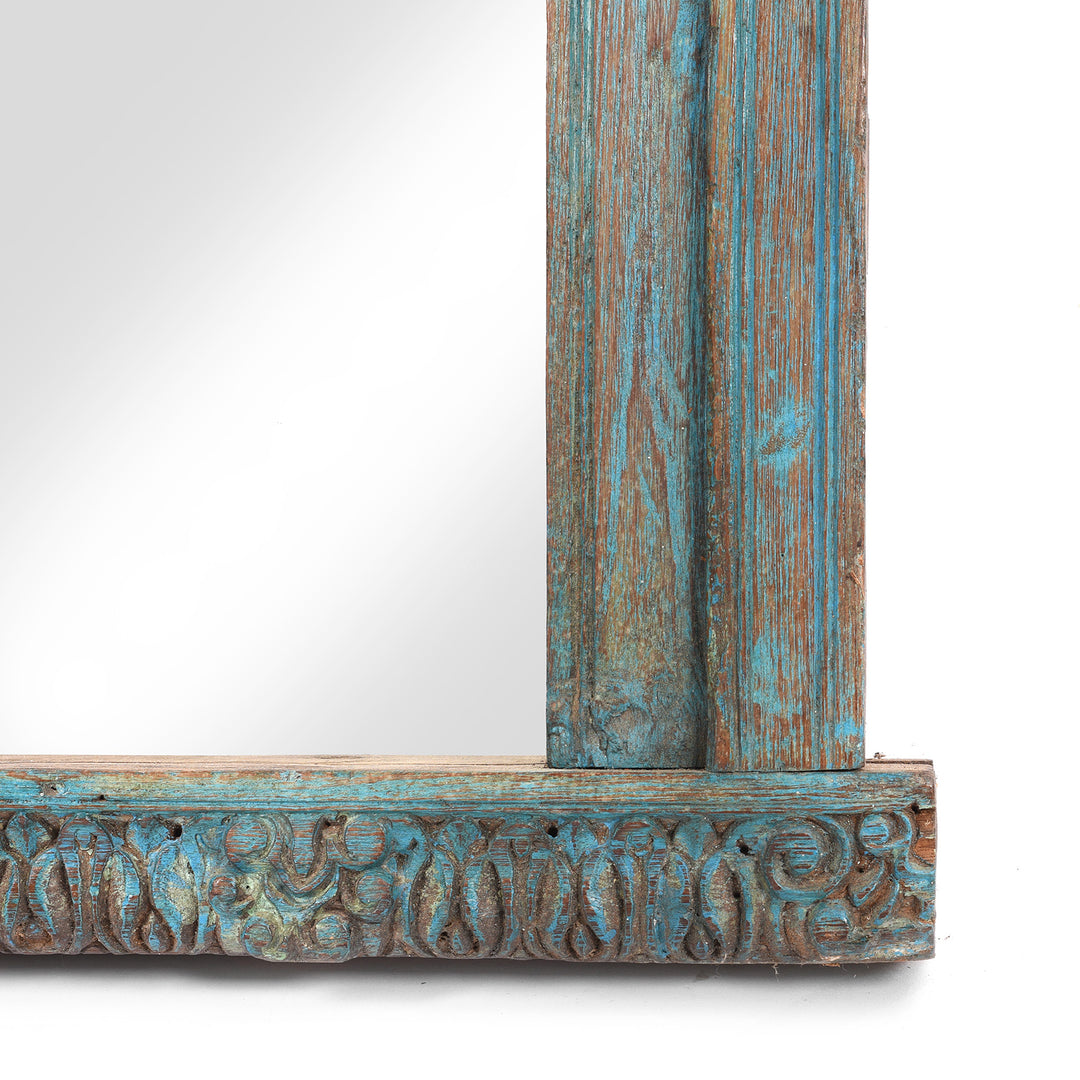 Corner Detail of an Old Blue Painted Indian Window Mirror From Banswara - 19thC | Indigo Antiques