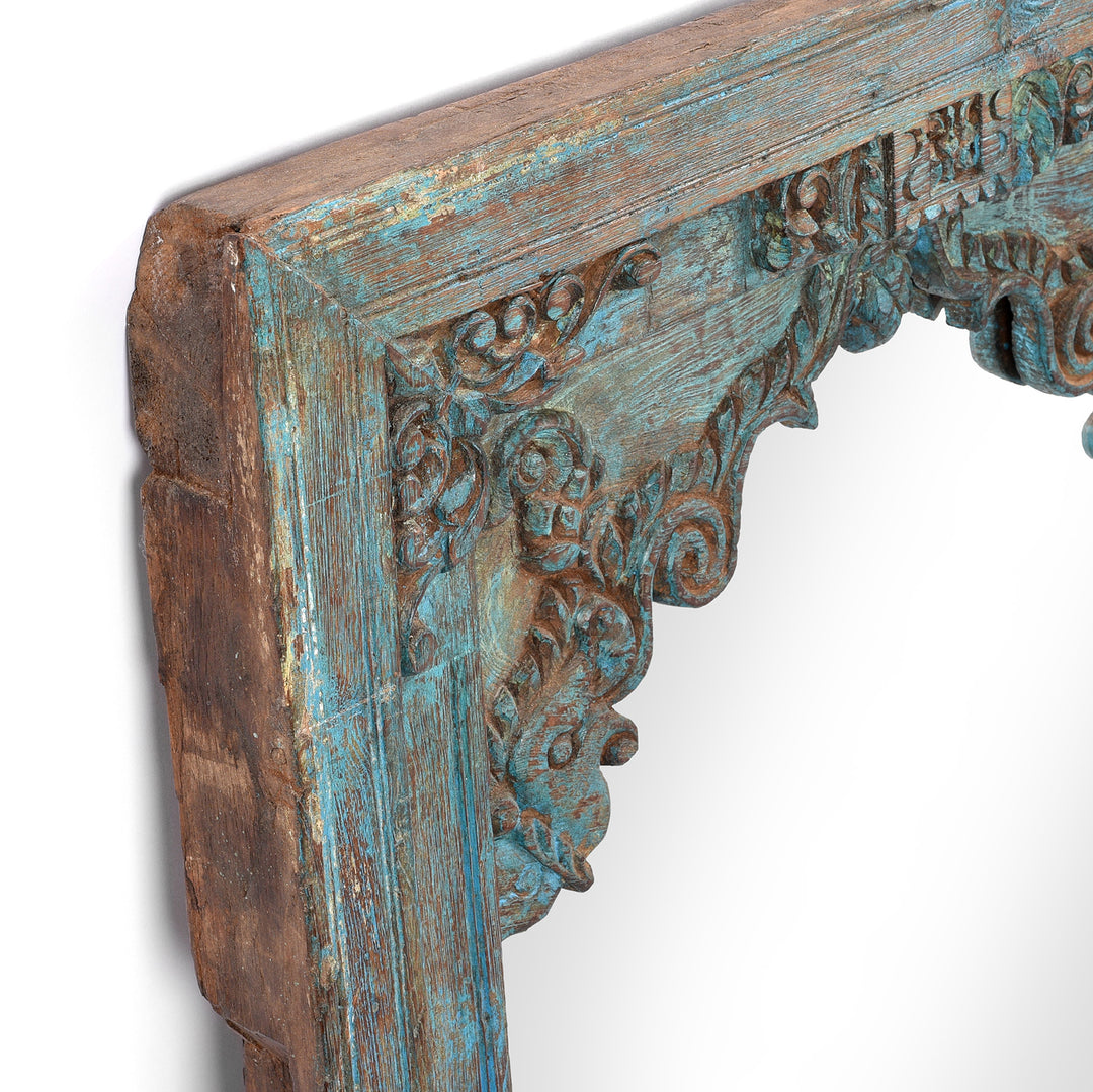 Corner Detail of an Old Blue Painted Indian Window Mirror From Banswara - 19thC | Indigo Antiques