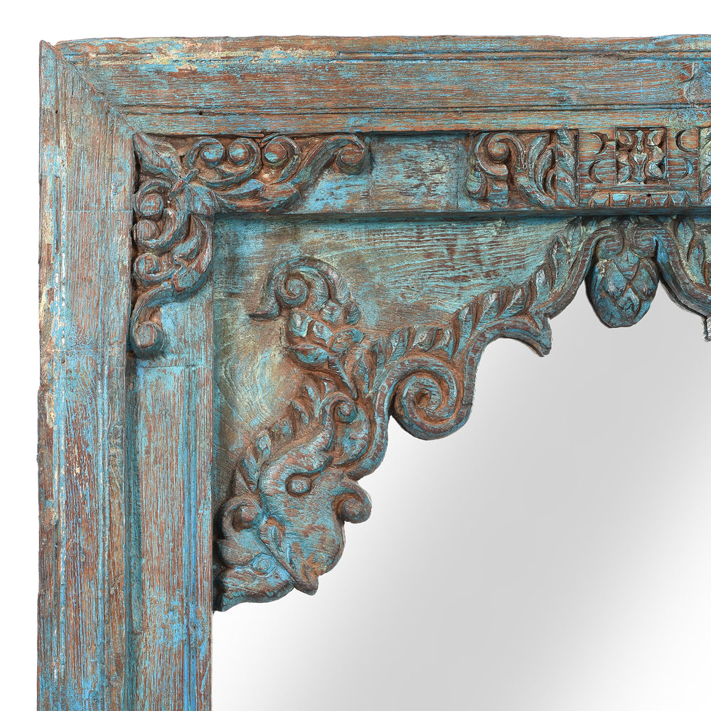 Corner Detail of an Old Blue Painted Indian Window Mirror From Banswara - 19thC | Indigo Antiques