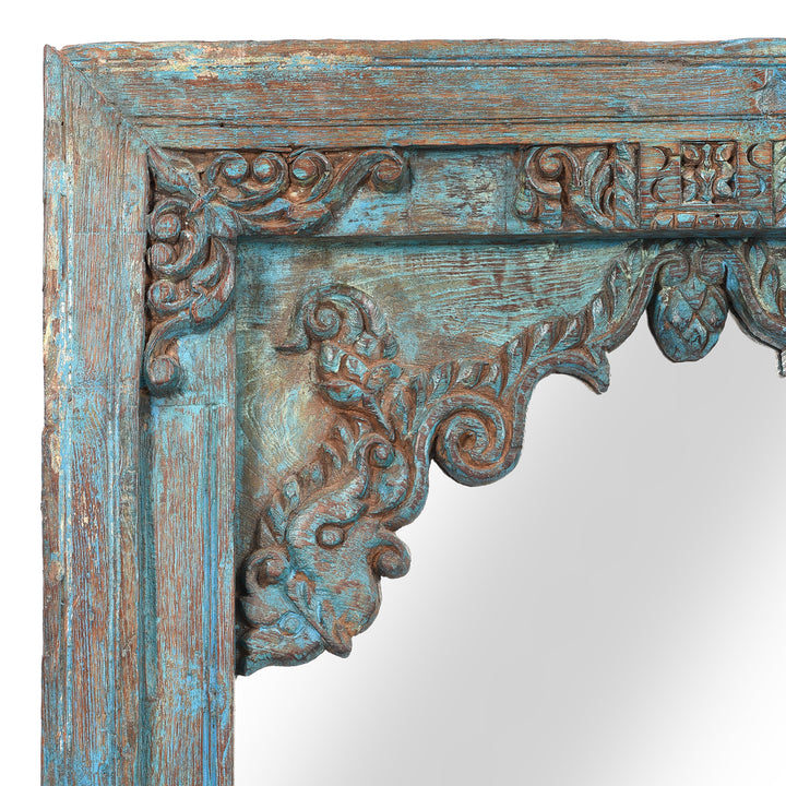 Corner Detail of an Old Blue Painted Indian Window Mirror From Banswara - 19thC | Indigo Antiques