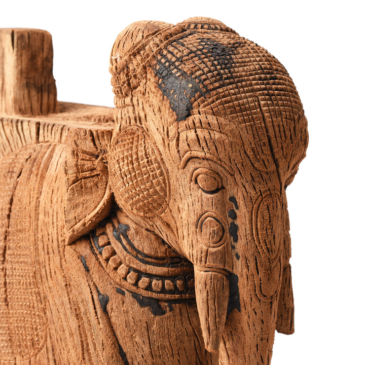 Face Detail From Antique Carved Teak Elephant Corbel From Maharashtra - 19th Century | Indigo Antiques