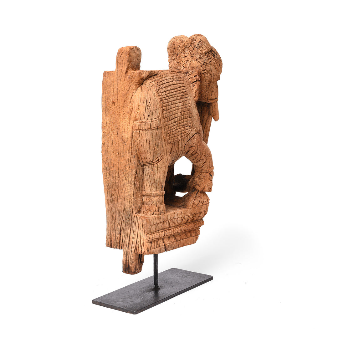 Angled View Of Antique Carved Teak Elephant Corbel From Maharashtra - 19th Century | Indigo Antiques