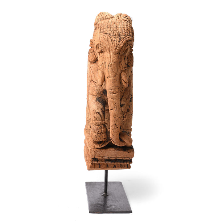 Frontal View Of Antique Carved Teak Elephant Corbel From Maharashtra - 19th Century | Indigo Antiques