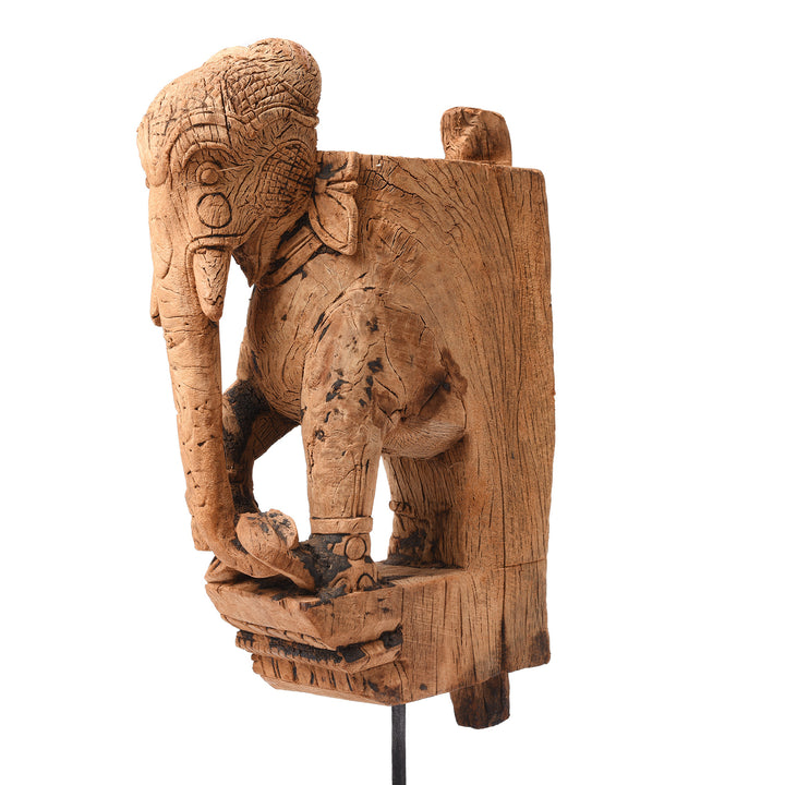 Angled View Of Antique Carved Teak Elephant Corbel From Maharashtra - 19th Century | Indigo Antiques