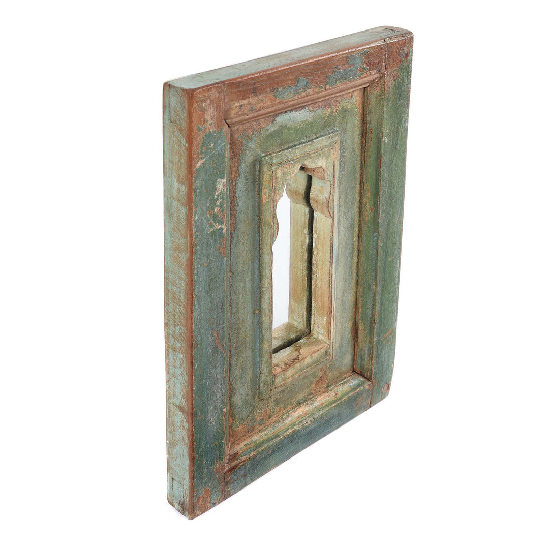 Green Angle View Of  Mihrab Mirror Frame Made From An Old Teak Panel | Indigo Antiques