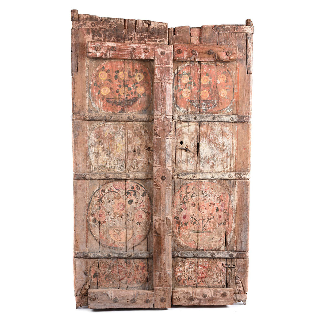 Carved Floral Painted Teak Door From Gujarat 19thC | Indigo Antiques