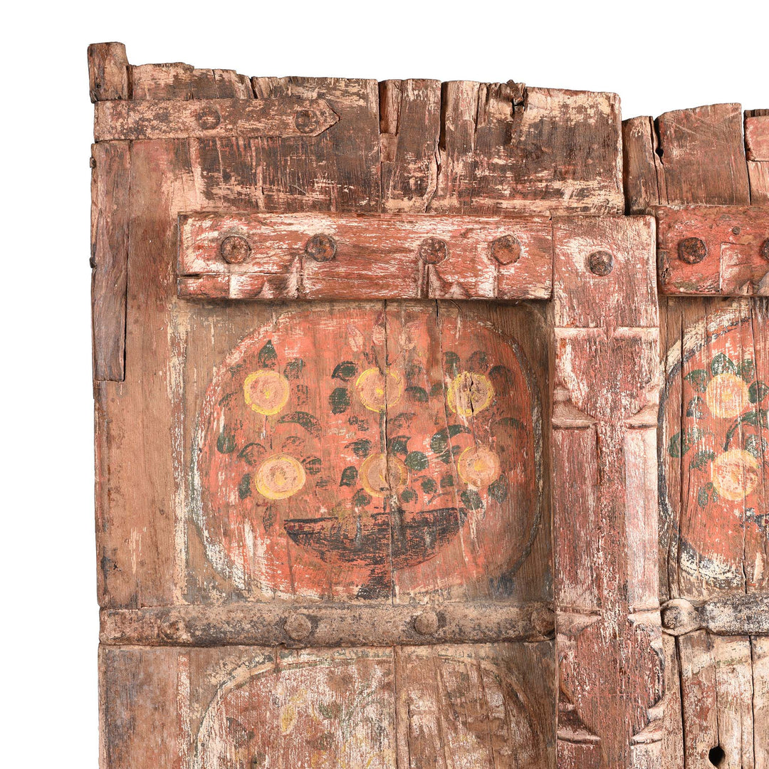 Corner Detail From Carved Floral Painted Teak Door From Gujarat 19thC | Indigo Antiques