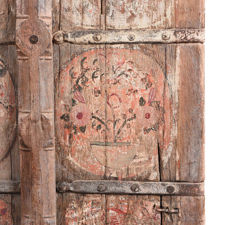 Floral Paintwork Detail From Carved Floral Painted Teak Door From Gujarat 19thC | Indigo Antiques 
