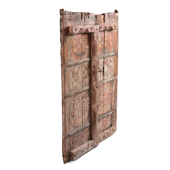 Angled VIew Of Carved Floral Painted Teak Door From Gujarat 19thC | Indigo Antiques
