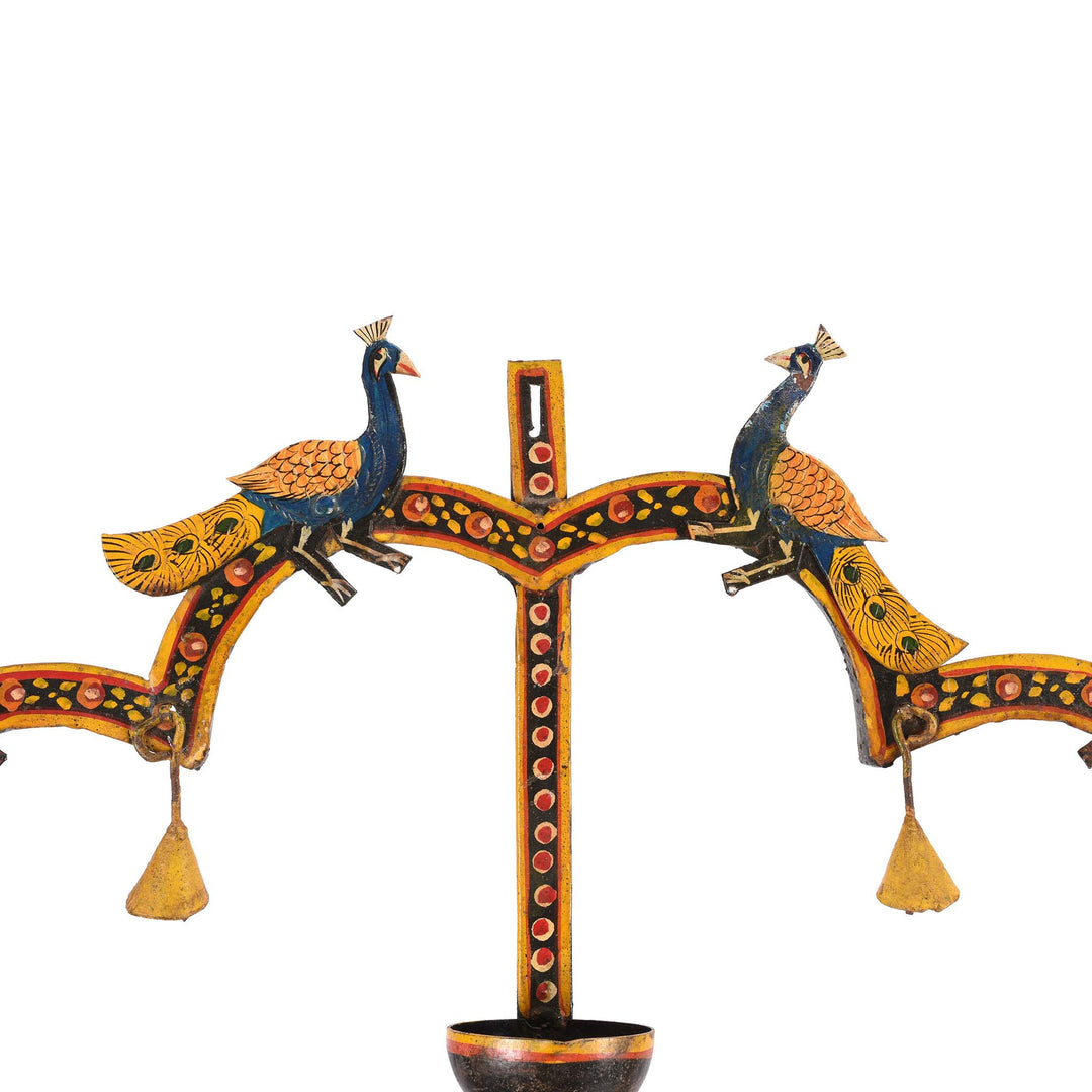 Peacocks Detail From Painted Indian Iron Tribal "Toran" Diwali Lamp | Indigo Antiques