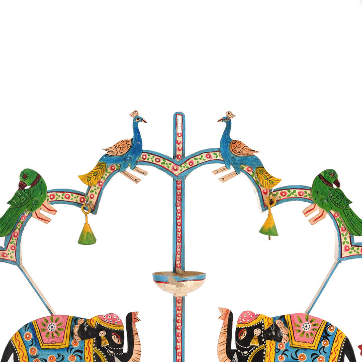 Peacock Detail From Painted Indian Iron Tribal "Toran" Diwali Lamp | Indigo Antiques