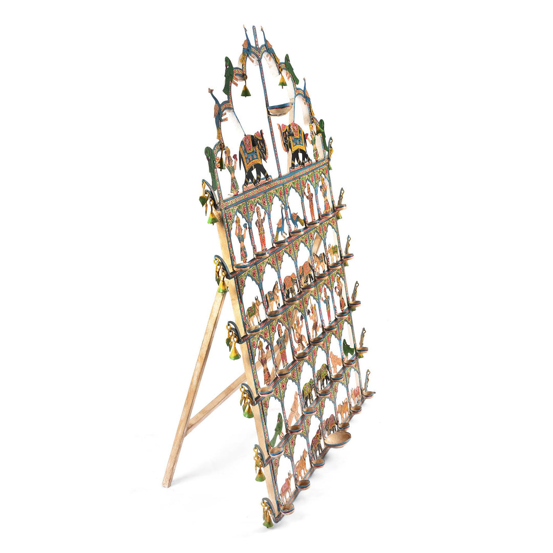 Angled View Of Painted Indian Iron Tribal "Toran" Diwali Lamp | Indigo Antiques