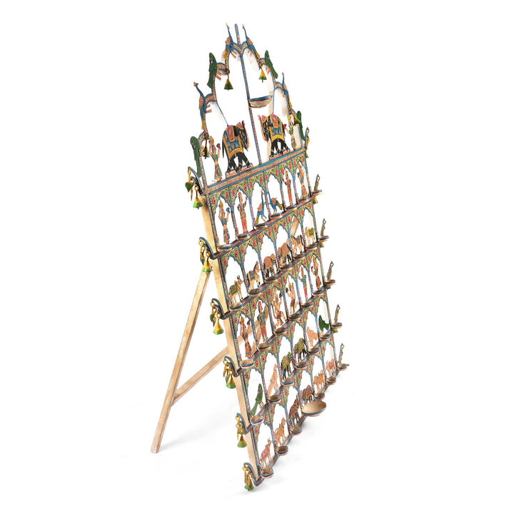 Angled View Of Painted Indian Iron Tribal "Toran" Diwali Lamp | Indigo Antiques