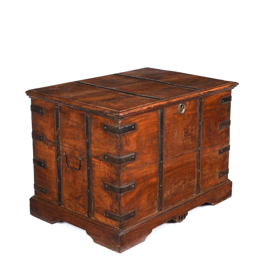 Angled VIew Of Iron Bound Teak Chest From Gujarat - 19Thc | Indigo Antiques