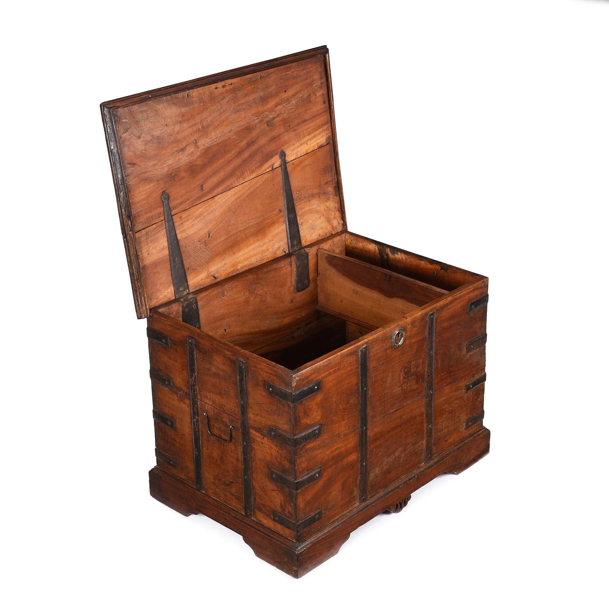 Open Lid View Of Iron Bound Teak Chest From Gujarat - 19Thc | Indigo Antiques