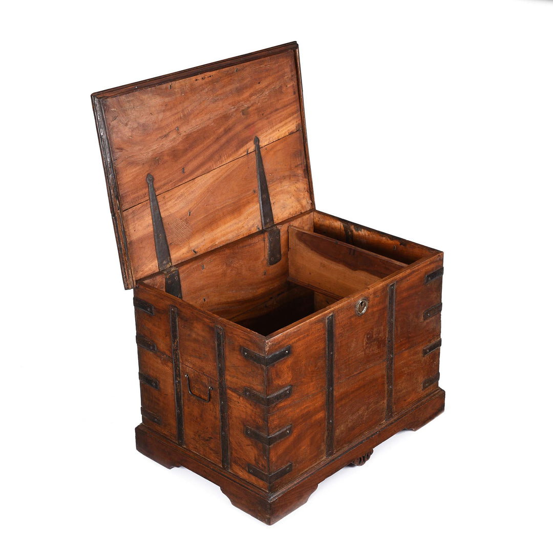 Open Lid View Of Iron Bound Teak Chest From Gujarat - 19Thc | Indigo Antiques