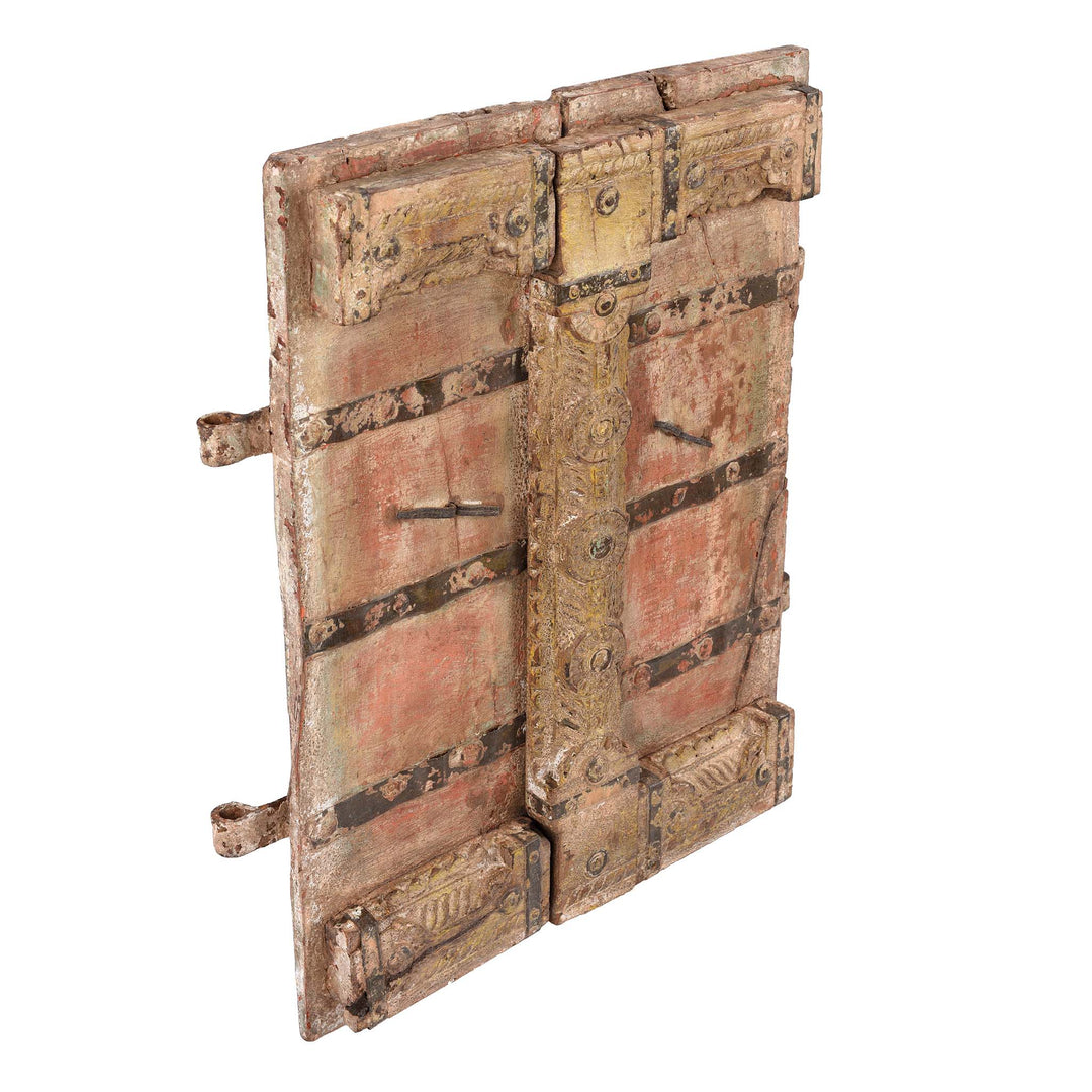 Angled View Of Option 1 Vermillion Painted Window Shutter From Gujarat - 18thC | Indigo Antiques