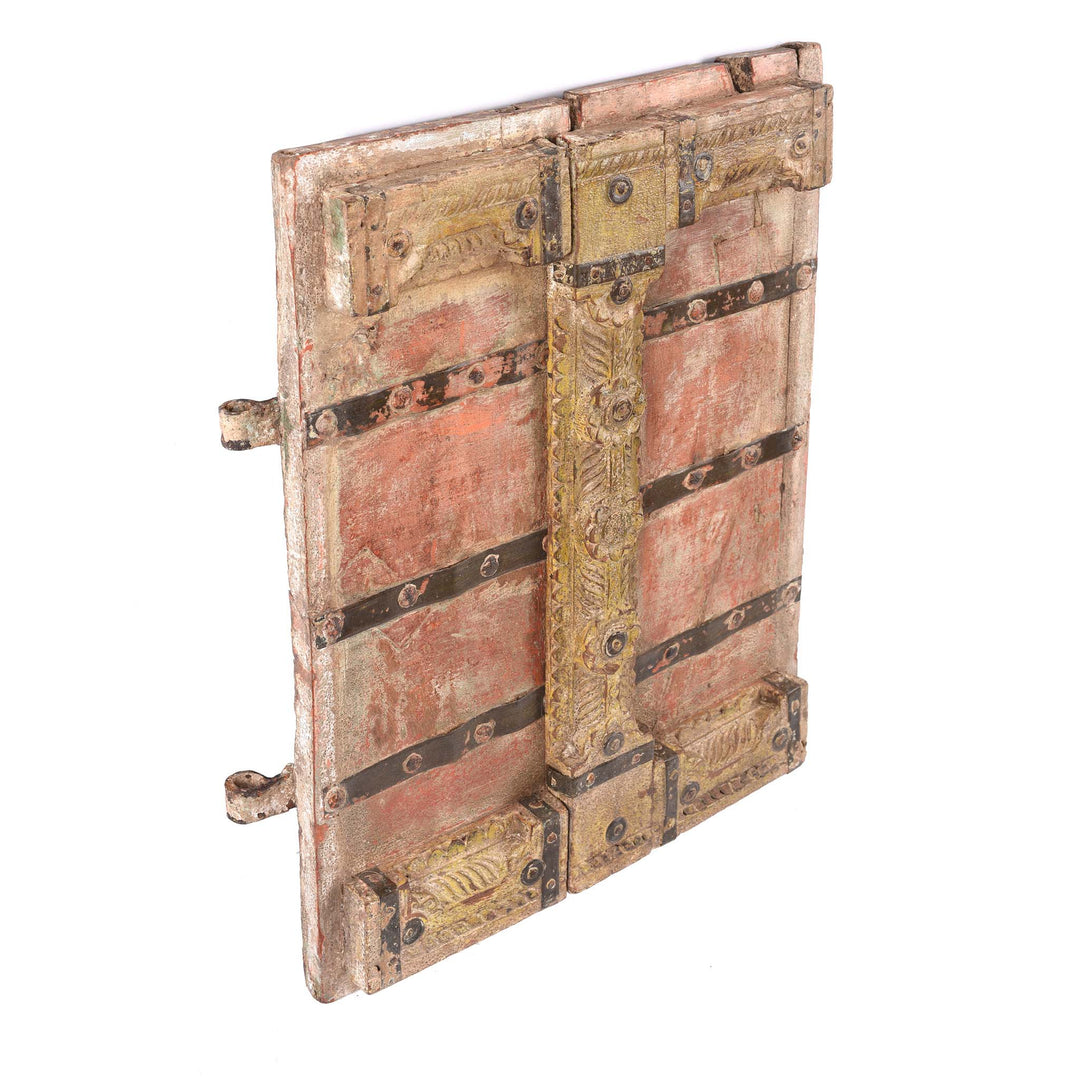 Angled View Of Option 2 Vermillion Teak Painted Window Shutter From Gujarat - 18thC | Indigo Antiques