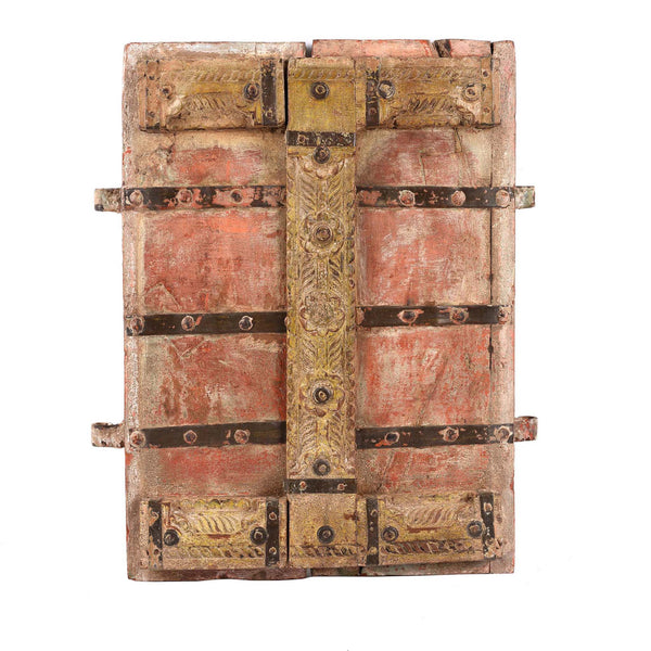 Vermillion Teak Painted Window Shutter From Gujarat - 18thC