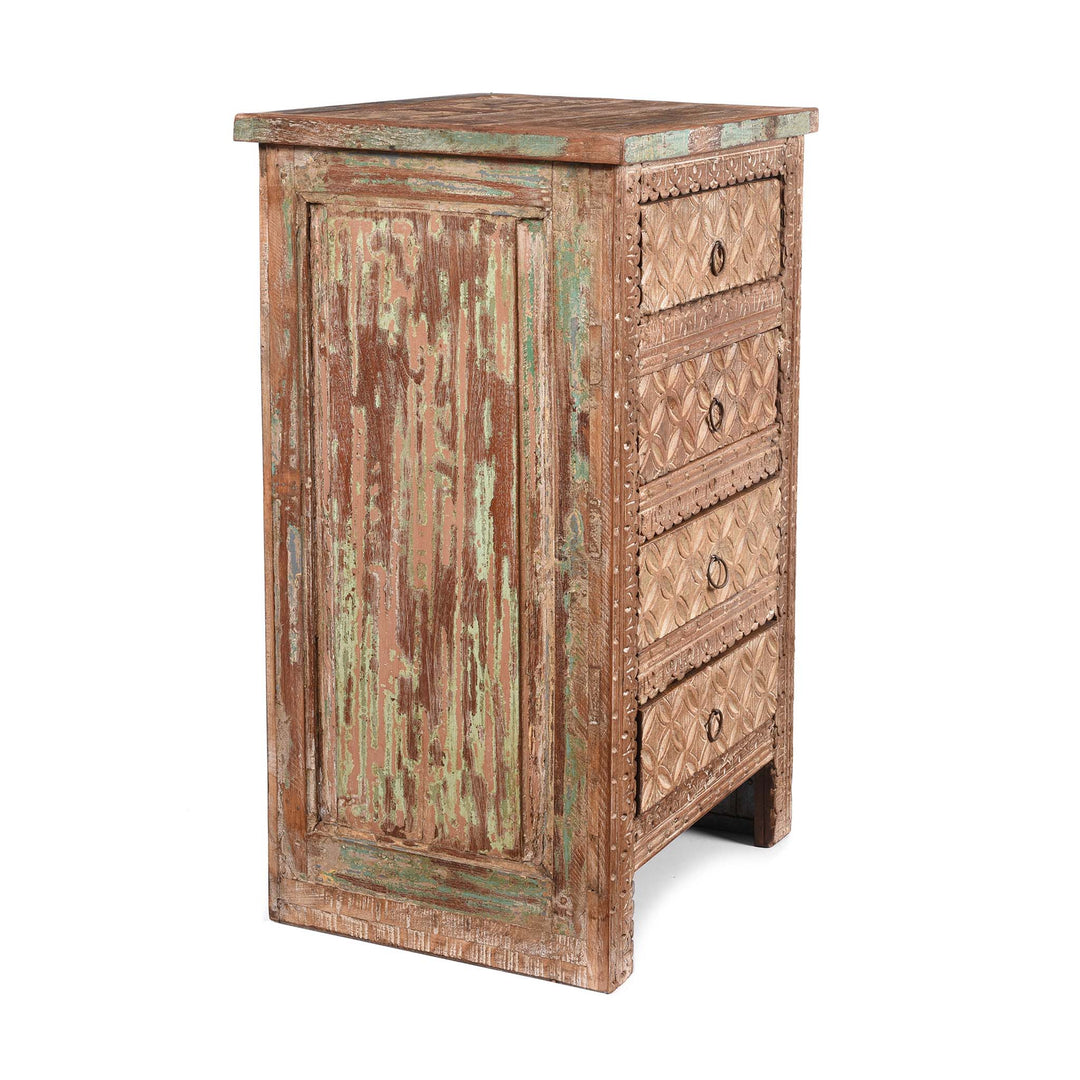 Angled View Of 4 Drawer Bedside Cabinet Made From Reclaimed Teak | Indigo Antiques