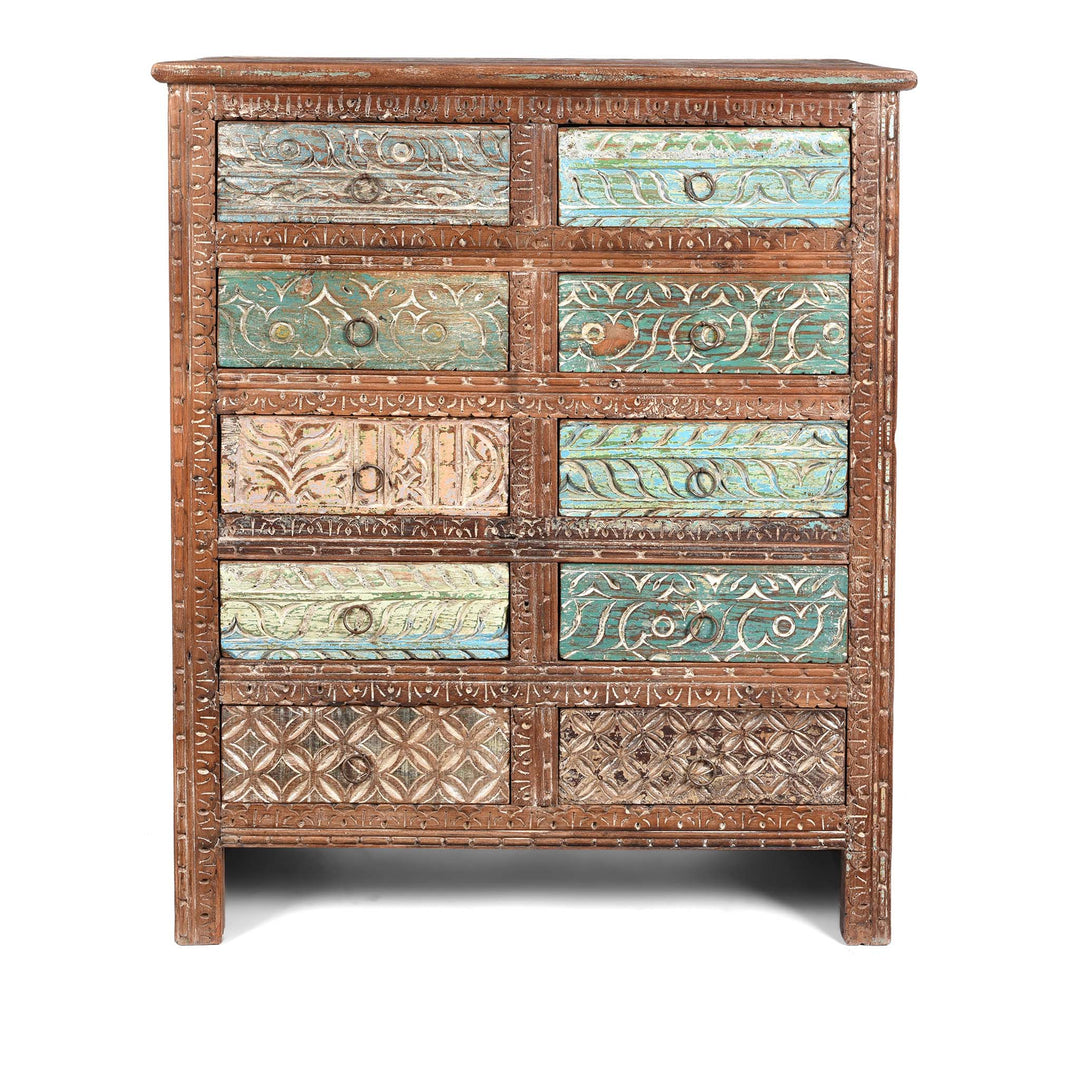 Carved Chest Of 10 Drawers Made From Reclaimed Teak | Indigo Antiques