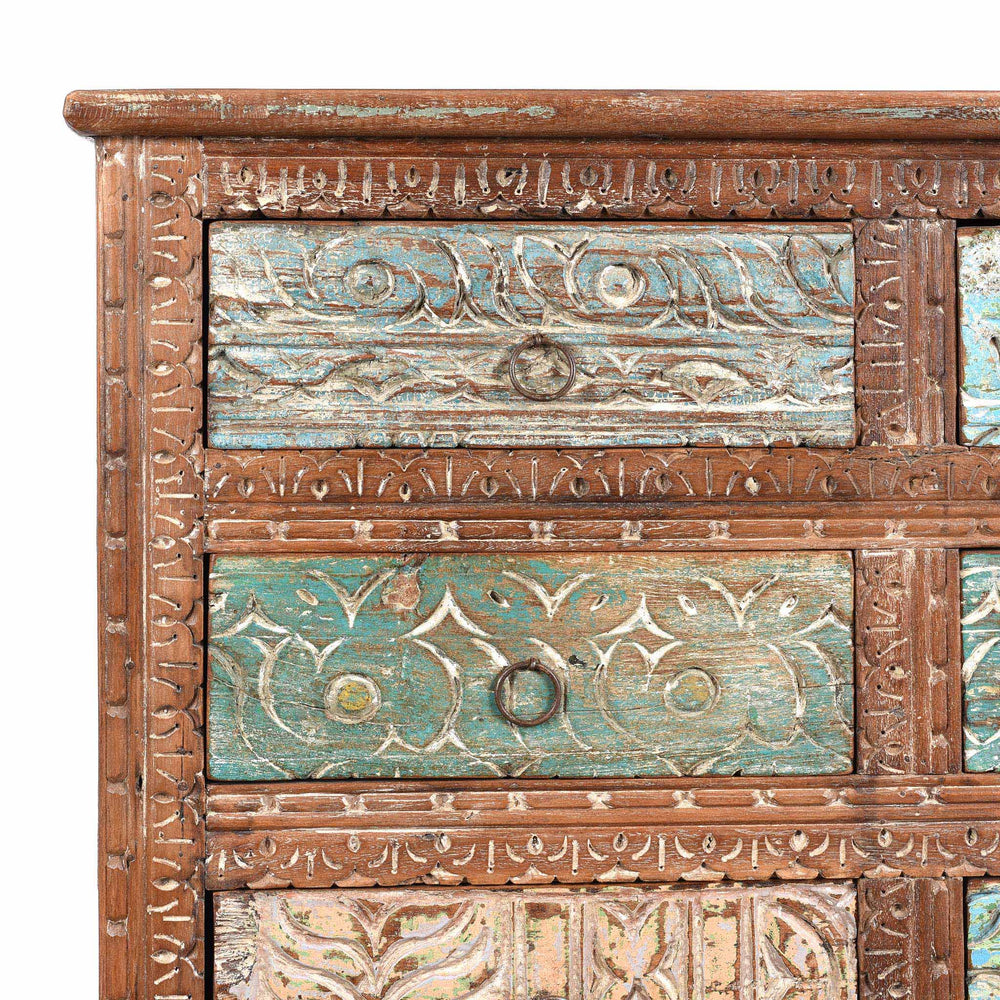Corner Detail From Carved Chest Of 10 Drawers Made From Reclaimed Teak | Indigo Antiques