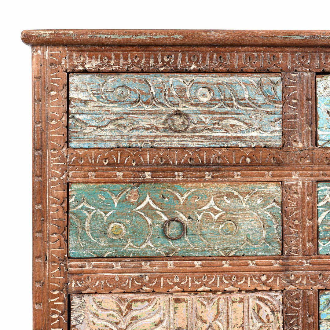Corner Detail From Carved Chest Of 10 Drawers Made From Reclaimed Teak | Indigo Antiques