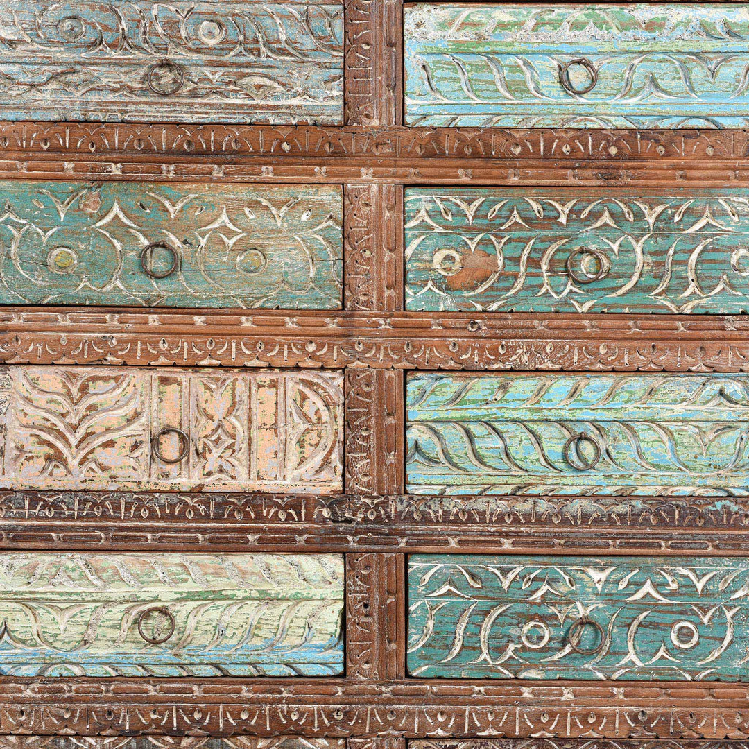 Drawer Carving Details From Carved Chest Of 10 Drawers Made From Reclaimed Teak | Indigo Antiques