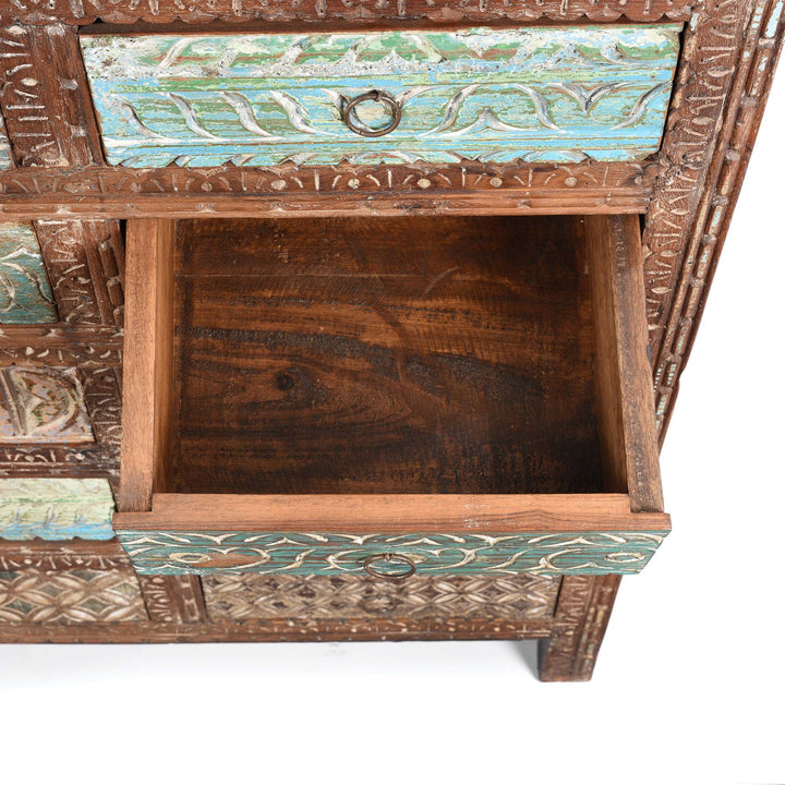 Drawer Interior From Carved Chest Of 10 Drawers Made From Reclaimed Teak | Indigo Antiques
