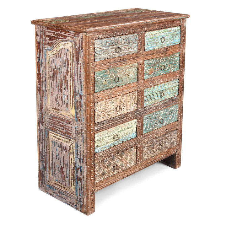Angled VIew Of Carved Chest Of 10 Drawers Made From Reclaimed Teak | Indigo Antiques