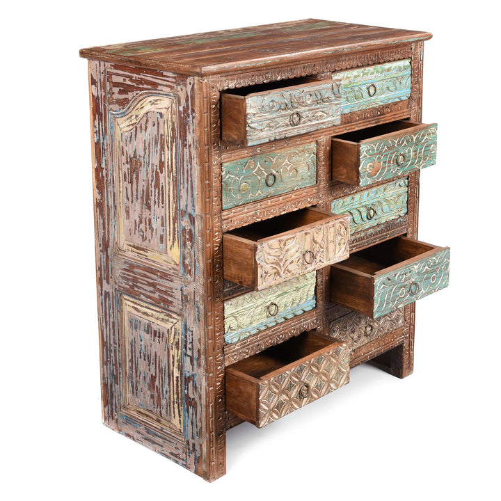 Open Drawer View Of Carved Chest Of 10 Drawers Made From Reclaimed Teak | Indigo Antiques