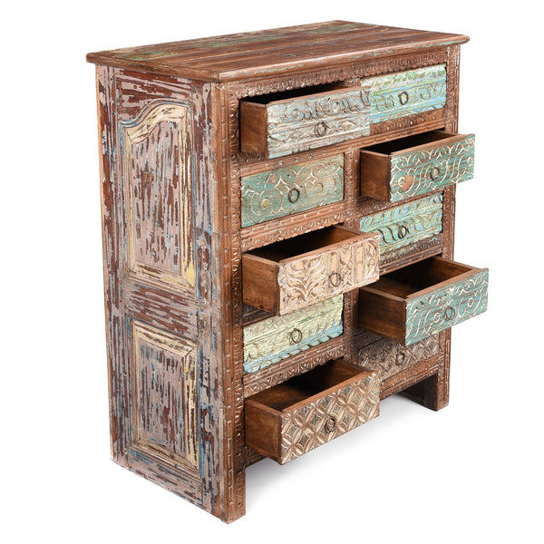 Carved Chest Of 10 Drawers Made From Reclaimed Teak