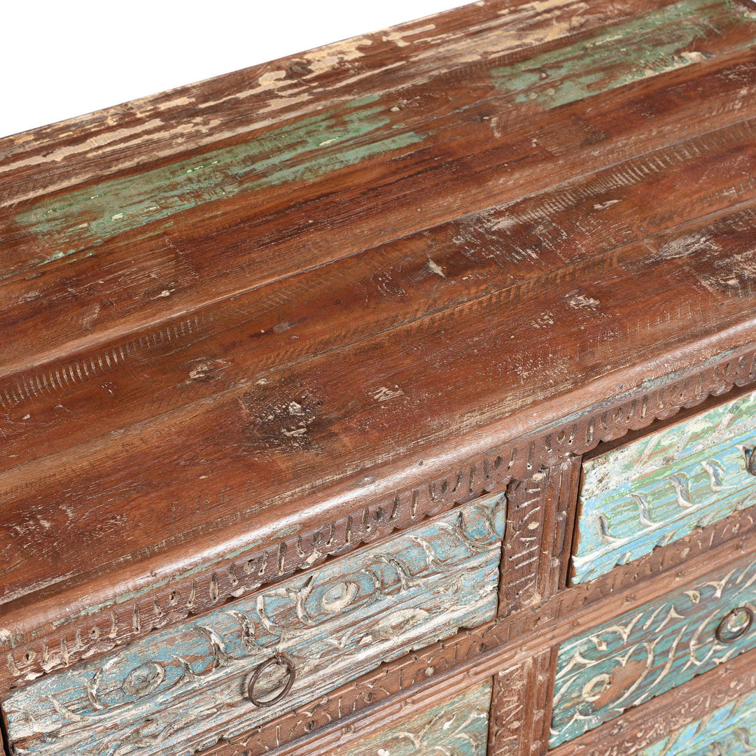 Surface Of Carved Chest Of 10 Drawers Made From Reclaimed Teak | Indigo Antiques